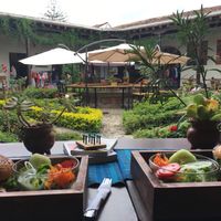 Courtyard views while eating delicious burgers.  at La Bruja Vegan Foods in Antigua
