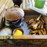 Fantastic! Lentil burger. Ask the staff for recommendations on burger sauce pairings 😋 at La Bruja Vegan Foods in Antigua
