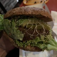 Seitan burger at La Bruja Vegan Foods in Antigua