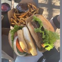 Chicken sandwich and hamburger   at Santana's Vegan Grill in Colorado Springs