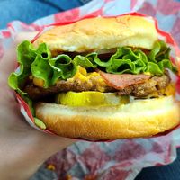 Deluxe bacon cheeseburger at Santana's Vegan Grill in Colorado Springs