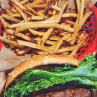Veggie burger with fries. at Santana's Vegan Grill in Colorado Springs