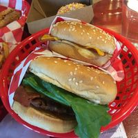 Deluxe bacon cheeseburger and a bacon egg and cheese.  at Santana's Vegan Grill in Colorado Springs