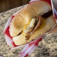 Bacon, egg, and cheese burger at Santana's Vegan Grill in Colorado Springs