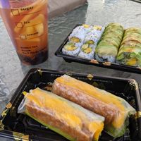 Summer roll, vegan dragon roll, and mango avocado roll. And fruit tea! at Koto Grill & Sushi in Salem