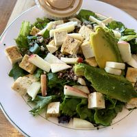Seasonal salad: spring greens, arugula, apple, pecans, avocado, plus tofu & quinoa instead of chicken & feta  at Watson's Veggie Garden in Visalia