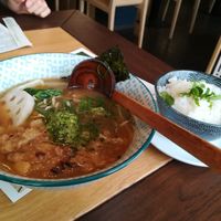 tan tan ramen soup with pulled jackfruit (last one from the vegetarian ramen section of the menu) + rice instead of ramen at Umaii Ramenbar in Leipzig