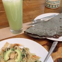 Empanadas, agua fresca, y chilaquiles at Mercado Organico La Cosecha in Oaxaca