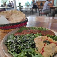 Falafel, hummus, salad, corn bread at Mercado Organico La Cosecha in Oaxaca