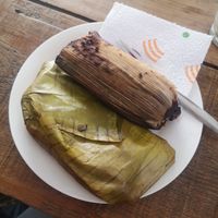 Tamales one with frijoles and one with mushrooms at Mercado Organico La Cosecha in Oaxaca