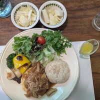 Tofu steak with veggies, salad and rice at Ecotopia in Busan