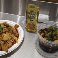 Liang Pi cold skin noodles (A1), chrysanthemum tea, and spicy cucumber salad at Xi'an Famous Foods - Upper East Side in New York City