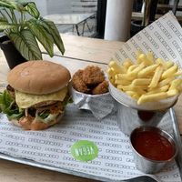Hot as Cluck Burger and Vegan Bites beside a standard Fries at The Bok Shop in Brighton