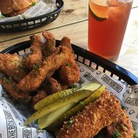 Frickles (fried pickles) and vegan tenders at The Bok Shop in Brighton