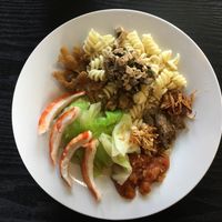 Pasta , mock meat , salad 99 baht  at Waengbun Lampang in Lampang