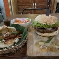 Bao, salad, and burger  at Small Time Cooks in Abang