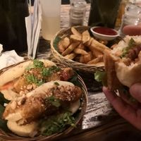 The original tempeh burger (on right) the amazing tofu Bao (on left) and basket o' fries (Center) at Small Time Cooks in Abang