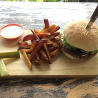 Aussie burger plus sweet potato fries at Small Time Cooks in Abang