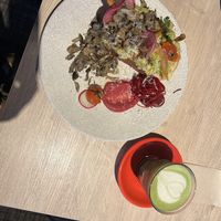 Mushroom avocado toast and a matcha latte with oatmilk  at Green Farm Cafe  in Kutchan