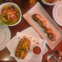 Mushroom gyozas and acarajé with a side of salad at Prana Vegetariano - JB in Rio De Janeiro