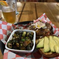 Sweet potato burger with side of glazed Brussels sprouts   at Sea Dog Brewing Co in Bangor