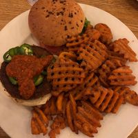 Beyond burger with vegan bun & sweet potato waffle fries at Stateline Brewery & Restaurant in South Lake Tahoe
