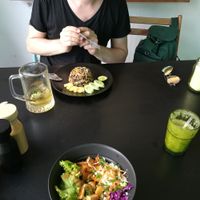 Fried rice with pineapple (150b) and veggie bowl. Pineapple mint juice shale - amazing. at Green Shelter in Koh Tao