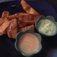 Sweet potato fries with garlic mayo and chilli mayo. Amaaazing!!! at Green Shelter in Koh Tao