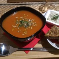 tomato soup with sunflowers, toast, spicy cream at Vegetalicia in Namur