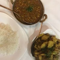 Chickpea curry, potato dish and boiled rice  at Namaste in Crete