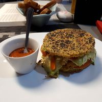 Vegan burger and arrabbiata sauce! at Casa Veggy in Nerja