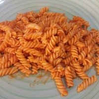 Mais pasta eith homemade chili source at Casa Veggy in Nerja