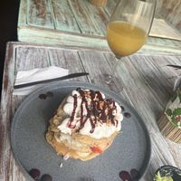 Vegan pancakes with cold green tea and mango to drink   at Bio & Natural - Quinta Avenida in Playa Del Carmen