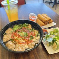 Vegan beef pho and vegan egg rolls   at Vegan Bowl in West Jordan