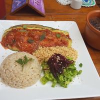 Courgette parmigiana with rice and beans at Do Bem in Jericoacoara
