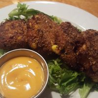 Vegan artichoke, red peppers, corn "crab" cakes with spicy vegan aioli. So good at Brine in Eastham
