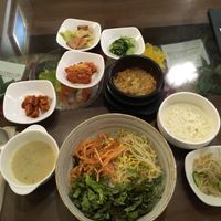 비빔밥 ("Bibimbap") with sides, and 비지찌개 ("Biji Stew")  at Oh Se Gae Hyang - 오세계향 in Seoul