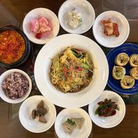 Tofu stew, chinese stirfried noodles, veggie dumplings, side dishes  at Oh Se Gae Hyang - 오세계향 in Seoul