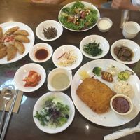 mandu, kongkatsu, salad and banchans  at Oh Se Gae Hyang - 오세계향 in Seoul
