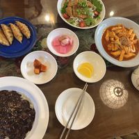 dumplings, vegan cutlet, tteokbokki, jajangmyeon and side dishes   at Oh Se Gae Hyang - 오세계향 in Seoul