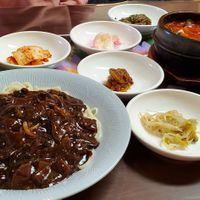 Jjajangmyeon, spicy wheat gluten stew, and side dishes. at Oh Se Gae Hyang - 오세계향 in Seoul