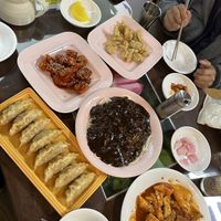 Dumplings, rice rolls, fried chicken and black bean sauce noodles  at Oh Se Gae Hyang - 오세계향 in Seoul
