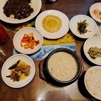 Tofu stew, black bean noodles, vegan egg & side dishes at Oh Se Gae Hyang - 오세계향 in Seoul