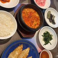 Spicy tofu soup with garlic and onion (fhp). Fried kimchee dumplings  at Oh Se Gae Hyang - 오세계향 in Seoul
