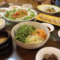 Bimibap, fried dumplings, vege BBQ and the soy cutlet. at Oh Se Gae Hyang - 오세계향 in Seoul