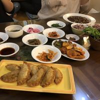Fried wontons, jjajangmyun, BBQ soy something, with side banchan at Oh Se Gae Hyang - 오세계향 in Seoul