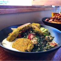 Falafel bowl and a veggie pasta at Alpine Hotel in Cooma