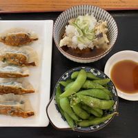 Gyozas, eggplant and edamame  at Osaka Sushi Tonkatsu in Vientiane