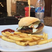 Vegan burger and fries  at Nueva Casa Postas in Cadiz