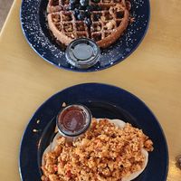 Blueberry waffle and tofu and soyrizo tacos at Savage Goods in El Paso